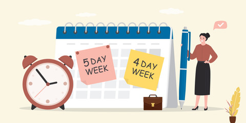 Woman worker chooses between 4 Day or 5 Day Work Week. Prioritise working smarter to produce better. 4 day model. Reduce working time to increase efficiency and productivity.