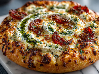 a pizza with a spiral swirl of green pesto and white cheese, topped with cubes of meat, herbs, and a golden-brown crust. The pizza is placed on a white marble surface.