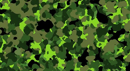 An abstract camouflage pattern consisting of organic, blob-like shapes in varying shades of green, with black voids in the spaces
