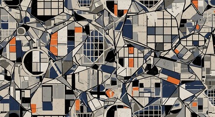 An abstract composition of fragmented geometric shapes in various shades of gray, white, navy, and orange