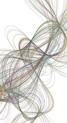 An abstract composition of numerous curving lines overlapping each other, creating a sense of movement and depth against a white backdrop
