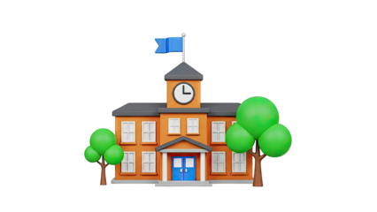 3D Cartoon School Building with Trees