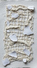 An abstract composition, textured, featuring a woven, rectangular netting overlaying a rough, off-white surface. White, torn paper pieces are scattered