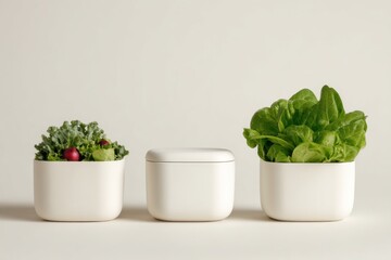 Three white planters with leafy greens and radishes on a beige background