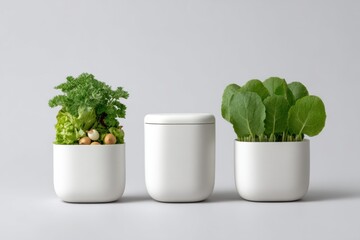 Three white planters with green plants and one closed container