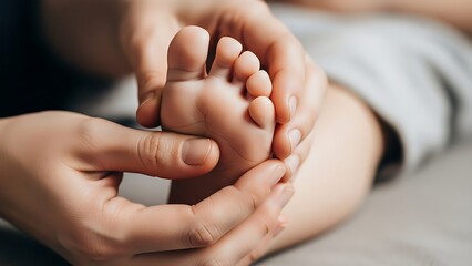 woman having barefoot pain while sitting Close-up of a pediatric foot examination, highlighting gentle touch and attentive care in infant health monitoring."