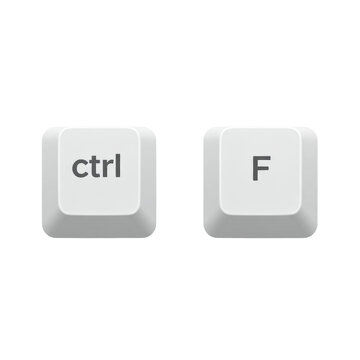 White chiclet keycaps for the ctrl and f computer command with a plus sign isolated on a transparent background. Concept of search and find keyboard shortcut