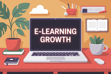 E-learning growth concept with laptop on desk and educational tools
