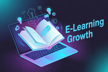 E-Learning Growth Concept with Laptop and Book