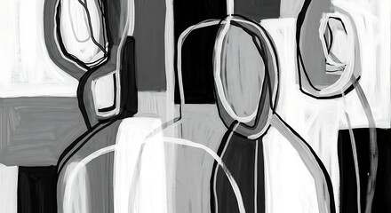 An abstract grayscale painting with faceless figures. Brushstrokes create a blurred effect against a background of geometric shapes