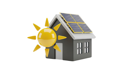 3D House with Solar Panels and Sun Icon