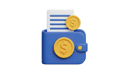 3D Icon of a Blue Wallet with Coins and Document