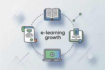 E-learning growth concept with icons of book, laptop, and documents