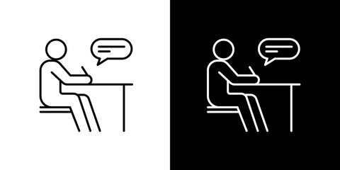 Simple line icon showing a person writing at a desk with a speech bubble, representing learning, communication, and thought processes