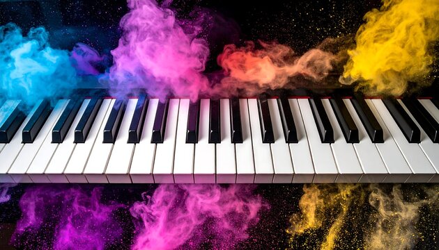 Close-up of piano keys with colorful bursts of smoke