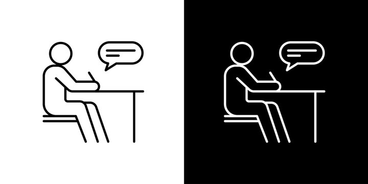 Simple line icon showing a person writing at a desk with a speech bubble, representing learning, communication, and thought processes