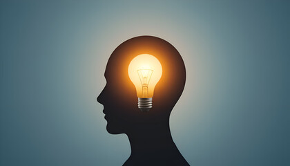Human Head Silhouette with Glowing Light Bulb Representing Creative Ideas