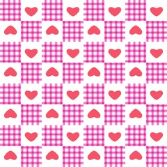 Pink checkered seamless pattern with cute heart icons on a white background. Perfect for romantic designs, wallpapers, textiles, wrapping paper, and Valentine-themed digital projects.