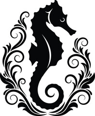 Decorative seahorse silhouette with elegant vintage floral scrolls and nautical flourishes for ocean themed designs and coastal art projects. © Munna_SH