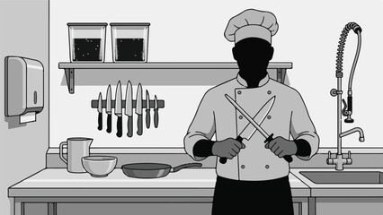 Chef sharpening knife in a professional kitchen with various utensils