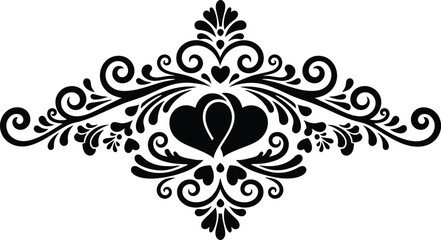 Elegant double heart silhouette with ornate vintage flourishes and symmetrical filigree scrolls for romantic wedding invitations and decorative art.