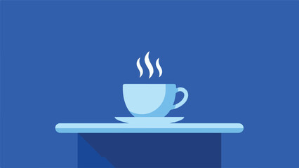 Steaming hot coffee cup in a minimalist flat design on blue
