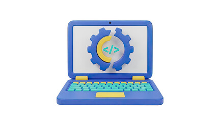 3D Laptop with Coding and Gear Icon