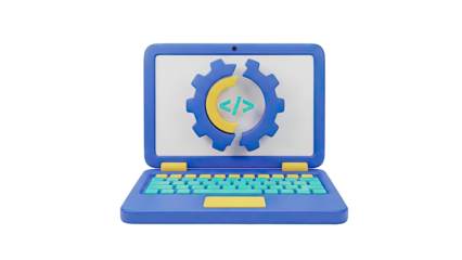 3D Laptop with Coding and Gear Icon