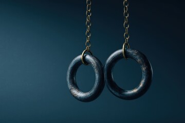 Two dark metal gymnastic rings hanging from chains