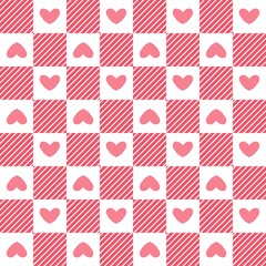 Pink checkered seamless pattern with diagonal stripes and heart icons on a white background. Ideal for romantic wallpapers, fabrics, wrapping paper, and Valentine-themed designs.