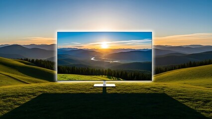 Television displaying serene mountain landscape at sunset