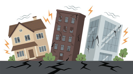 Earthquake damage to buildings, cracks on walls and broken windows