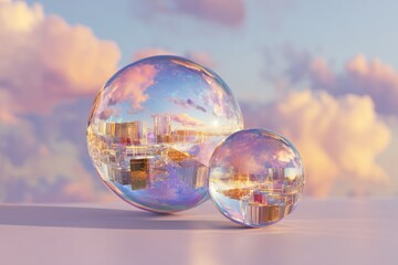 Two glass orbs reflecting cityscape on purple surface with cloudy sky