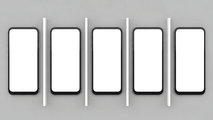 Five smartphones with blank screens on a gray background