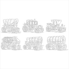 A collection of vintage horse-drawn carriages and wagons, showcasing historical transportation methods