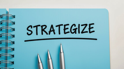 A blue notebook with the word "STRATEGIZE" written in black, underlined, with three pens resting below it