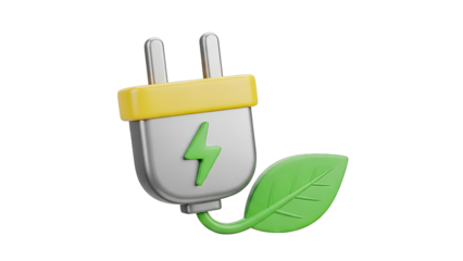 3D Electric Plug with Green Leaf and Lightning Bolt Icon