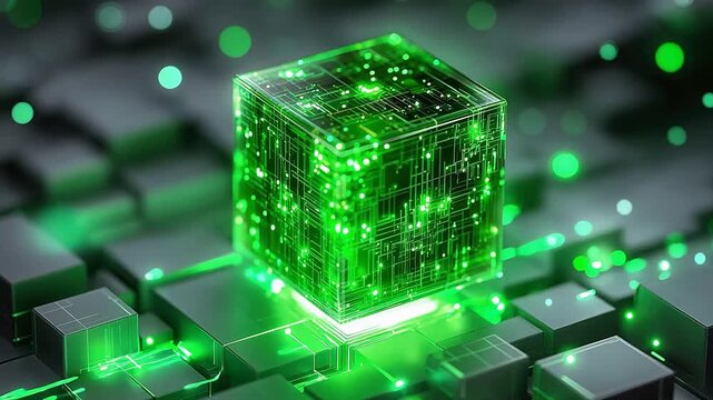 Green glowing cube with circuit patterns