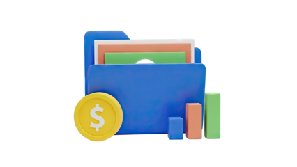 3D Folder with Dollar Coin and Bar Chart