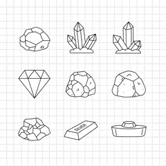 Various gemstones and minerals illustrated in a grid pattern on graph paper