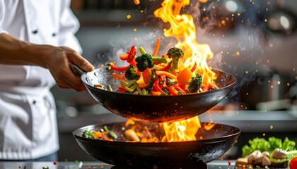 Chef Tossing Colorful Stir fry Vegetables in Wok with Fiery Flames