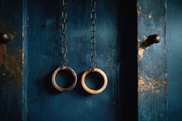 Two gold rings hanging from chains on a blue door old door