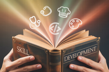 Skill development concept with hands holding book and icons
