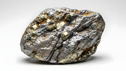 A close-up view of a rock with metallic flecks on a white surface