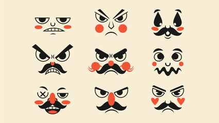 Variety of cartoon faces with mustaches and emotions