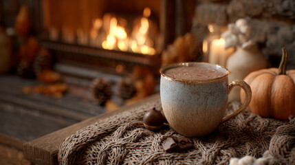A warm and cozy scene with a cup of hot chocolate sitting on a knitted blanket in front of a roaring fireplace surrounded by autumnal decorations