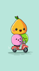 Funny fruit cartoon character on a toy car illustration with a smiling bear doll and Christmas holiday decorations isolated for children