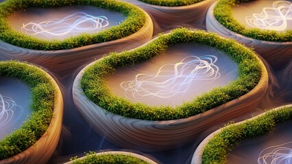 Serene Water Gardens with Illuminated Light Trails and Lush Green Borders