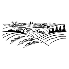 Rural Village Landscape Illustration Featuring Windmill, Barns, Fields, Trees, Hills, and Traditional Countryside Architecture