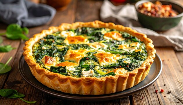 Close-up of savory quiche with spinach, cheese, on a wooden surface